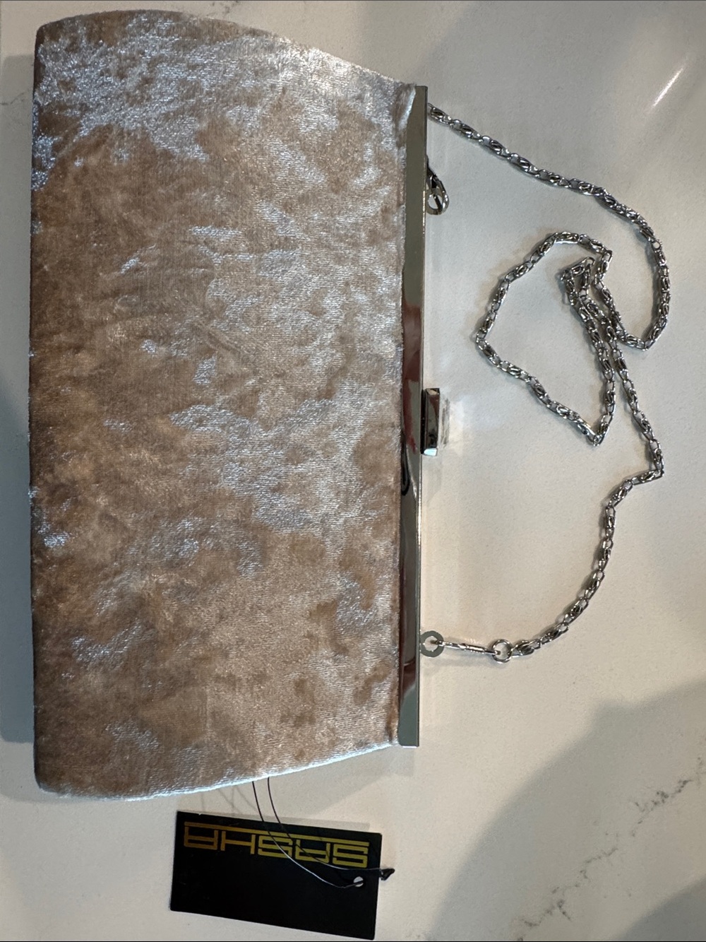 Plush Velvet Chain Clutch in Light Taupe